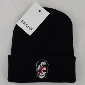 Actual Fact Bowie Ziggy Skull Day of the Dead Roll Up Black Winter Wooly Hat - Picture 1 of 3