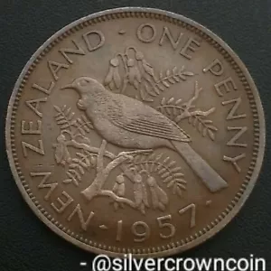 New Zealand 1 Penny 1957. KM#24.2. Large One Cent Coin. Tui Bird. - Picture 1 of 7