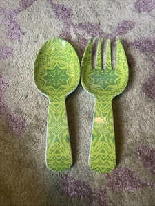 pair Of Large Fork And Spoon green Aztec design - Picture 1 of 5