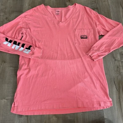 Victoria's Secret Pink Long Sleeve Shirt V-Neck Large Pink Peach Fading Pocket - Image 1 of 4