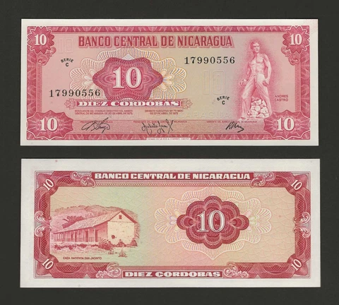 NICARAGUA 10 Cordobas 1972, P-123, Banco Central, Serie C, Pack Fresh UNC Grade Cover