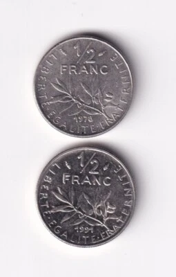 DOS MONEDAS FRANCIAS DE 1/2 FRANCO 1978 Y 1991 Foto 1 de 2