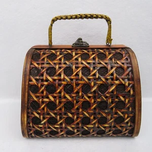 Vintage Handmade Wood Purse with Bamboo Trim & Decoration 7.5"x5.5"x6" - Picture 1 of 13