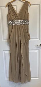 Naeem Khan 100% Silk Layered Dress Gown Taupe Beaded Women’s Size 4 - Picture 1 of 20