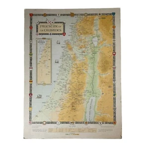 Vintage 1944 Palestine Of The Crusades Map Israel By F. J. Salmon 21.5” X 30” - Picture 1 of 19