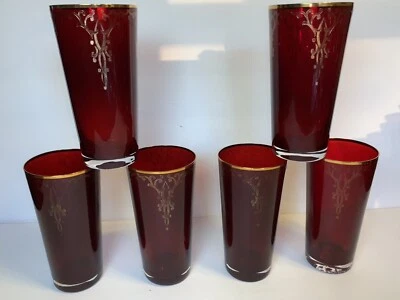 6 Vintage Czech-Bohemian Ruby Red Ice Tea Glasses Crystalex Goblet 12oz. 6” tall - Image 1 of 4