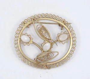 VINTAGE ELABORATE FILIGREE with OPAL GEMSTONE GOLD TONE BROOCH ~ 1.5" - Picture 1 of 4