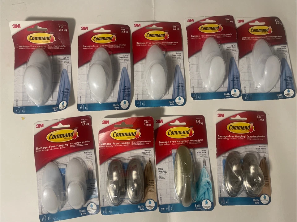 ¡Lote! Ganchos de baño Command medianos de 3 lb/grandes de 5 lb, tiras de resistencia al agua, 12 ganchos Foto 1 de 1