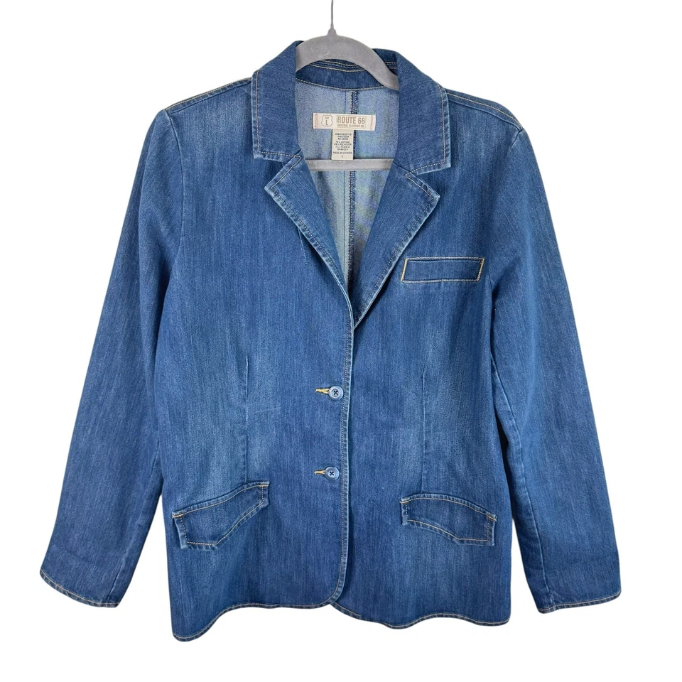 Chaqueta de Jean Route 66 Mezcla de Algodón Lavado Medio Cuello Abotonado Elástica Talla L Foto 1 de 4