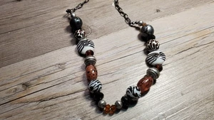 Safari Zebra Glass & Wood, Metal Bead Necklace - Picture 1 of 6