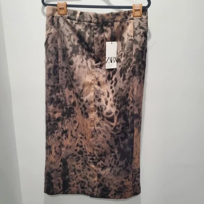 Maxi Falda Grande Zara Nuevo con Etiquetas Estampado de Leopardo Arrugado Estampado Satinado Cinturón Lazo Lápiz Foto 1 de 4