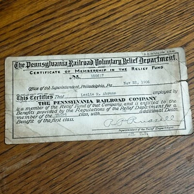 Pennsylvania Railroad Relief Fund Membership Certificate 1906 Employee Benefits - Image 1 of 4