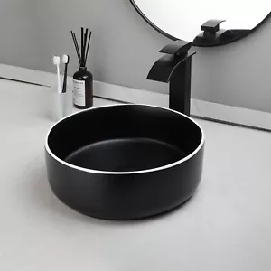 US Black Bathroom Vessel Sink Round Ceramic Bowl Deck Mount Basin Waterfall Taps - Picture 1 of 7