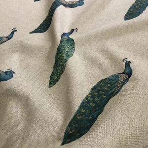 Peacocks Digital Print Cotton Rich Linen Fabric Curtaining Upholstery 54" Wide - Picture 1 of 3