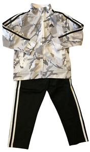 adidas New Boy's Size 5 White Camo 2 Piece Full Zip 3 Stripe Pant Active Set