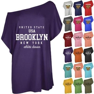 Womens Brooklyn USA Slogan One Shoulder Oversized Batwing Sleeve Summer T Shirt - Picture 1 of 36