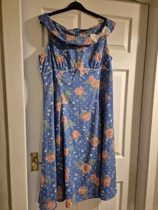 Hell Bunny Vixen Pink Rose On Blue Dress Size 3XL *(Size 20) - Picture 1 of 3
