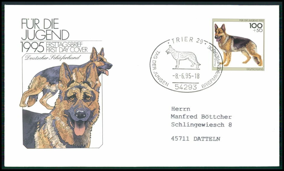 ALEMANIA FDC 1995 PERROS PASTOR ALEMÁN PERRO PASTOR ALSACIANO PERROS SOBAKI fj13 Foto 1 de 2