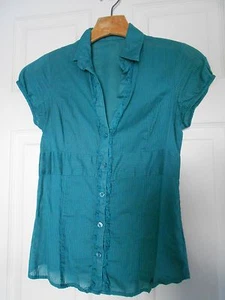 The Limited teal sheer stripe button-up ruffle trim top 100% cotton XS cap EUC! - Picture 1 of 6