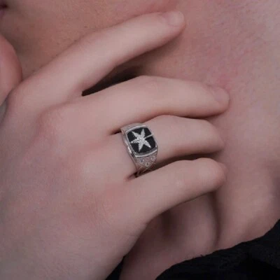 Anello Da Uomo In Argento Sterling Con Pietre Di Onice Nero E Zirconia Cubica - Immagine 1 di 3