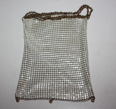 Antique Vtg Mesh Drawstring Purse Reticule 1920s Art Deco Flapper White and Gold - Image 1 of 4