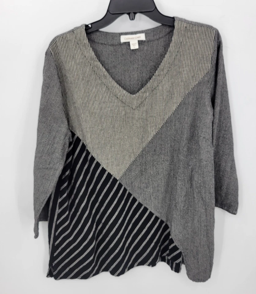 Coldwater Creek Top 女式 PL 混合黑色条纹 Lagenlook Artsy 长袖 — 第 1/4 张图片