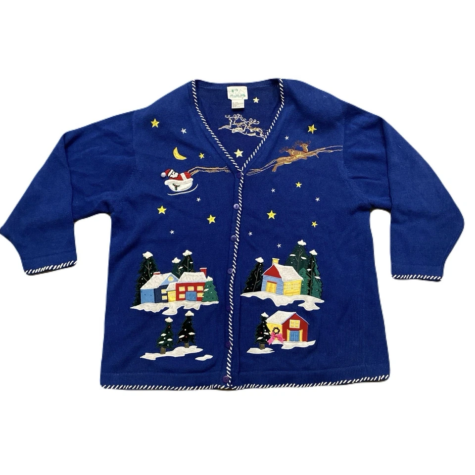 VTG The Quacker Factory Blue Embroidered Christmas Santa Sweater Women’s 3X - Image 1 of 4
