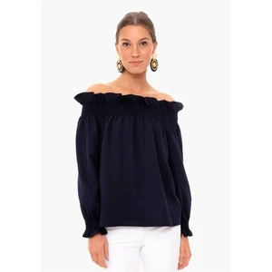 Tuckernuck Marguerite Off The Shoulder Ruffle Long Sleeve Top Womens Medium Navy - Picture 1 of 7