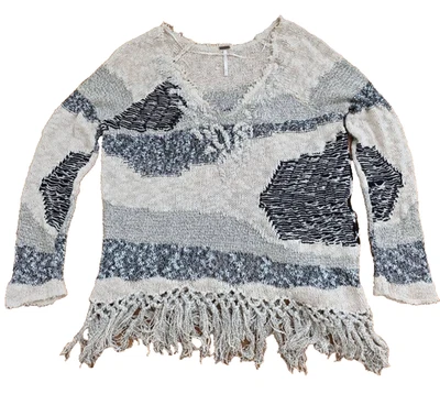 Free People Landscape Fringe Sweater Ivory/Black petite small A001396 - Image 1 of 4