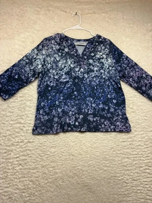 National Shirt Womens Petite Medium Blue Purple Floral 3/4 Sleeve V-Neck Stretch - Image 1 of 4