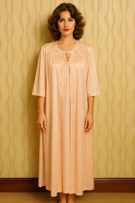 复古 60S 2 件套长袍礼服套装尼龙蕾丝缎面花卉亲密睡眠粉色 M — 第 1/4 张图片