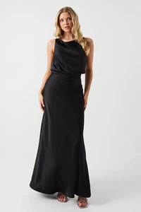Coast Womens Maxi Dress Black Satin Cowl Neck Blouson Bridesmaids - Picture 1 of 5