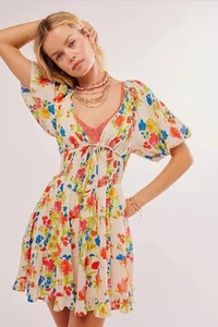 Free People Dress Perfect Day Printed Dress Floral Puff Sleeve Small rrp $128. - Picture 1 of 5