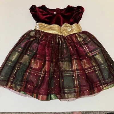 Bonnie Baby Christmas Holiday dress 18mo Burgundy Plaid Rose Gold Metallic Jean - Image 1 of 4