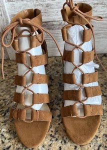 Marc Fisher Suede Sandals Womens Brown Strappy Ankle Lace-Up Block Heel 8.5M - Picture 1 of 8