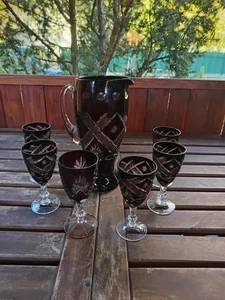 Vintage dark red cut glass wine  drinking set of 6 - Picture 1 of 9