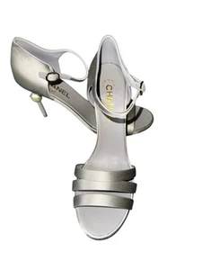 Chanel Satin Pearl-Embellished Heels Size US 10 Light Gray - Picture 1 of 6