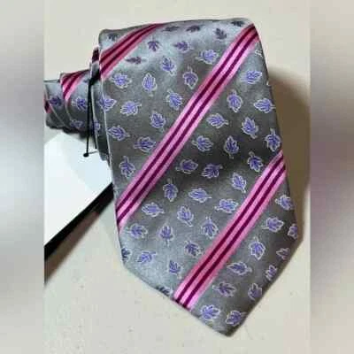Nuevo con etiquetas Paul Smith Hecho en Italia 100% Gris Seda Floral Rayas Hoja Corbata Rosa Acento Foto 1 de 4