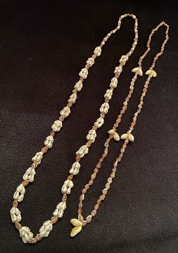 OFF WHITE 2 COLLANE VINTAGE COWRIE & CONCH SEA SHELL LEIS conchiglie marroni e bianche 34" ciascuna