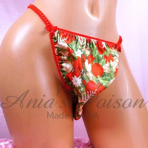 Sissy Satinhöschen für HERREN Weihnachtsschmuck rot grün glänzend String Bikini - Bild 1 von 5