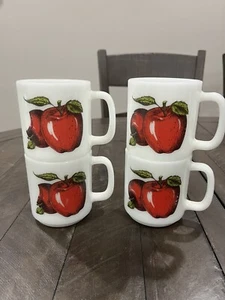 Glasbake Apple Glass Milk Glass Mug Fruit White Kitchen Set Of 4 - Picture 1 of 5