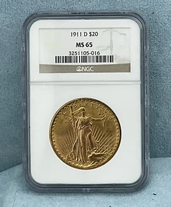 1911 D $20 Gold Saint Gaudens Double Eagle NGC MS65 gem graded Denver coin - Picture 1 of 4