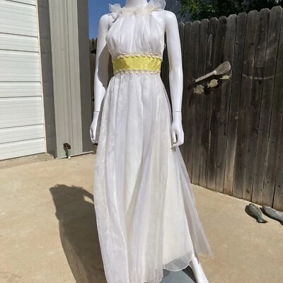 60s 70s Maxi Dress Size Small Yellow Moire Chiffon Halter Floral Lace Trim hippy - Image 1 of 4