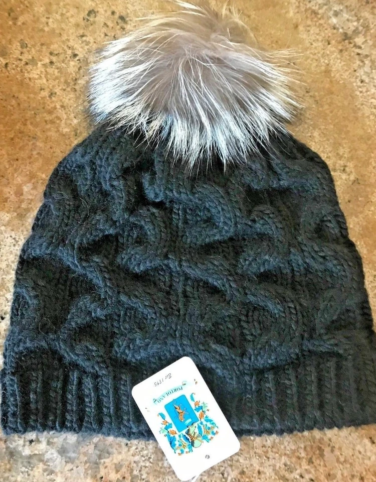 NUEVO CON ETIQUETAS NUEVO Gorro Portolano Genuino Teñido Piel de Zorro Pompón Tejido con Cable Negro Foto 1 de 1