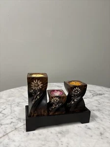 Handcarved Wooden Tealight Candle Holder 3 Candles Included - Picture 1 of 12