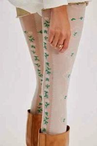 NWT Women's FREE PEOPLE Ribboning Floral Tights Cream Pink Green One Size NEW - Picture 1 of 4