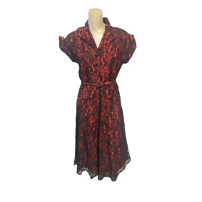 Vintage Jane Engel New York Red Black Lace Dress 2 4 1930's 1940's - Image 1 of 4
