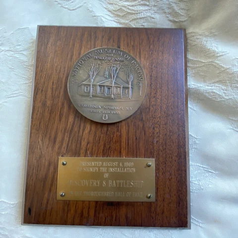 1969 National Museum Racing Hall Fame Thoroughbred Plaque BATTLESHIP DISCOVERY Cover