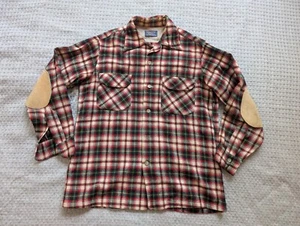 Vintage Pendleton Shirt Men Medium Red Plaid Scout Loop Collar Elbow Patch Flaps - Picture 1 of 19