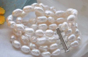 4 Rows Natural 7-8/8-9/9-10mm White Cultured Baroque Pearl Bracelet 7.5'' PB173 - Picture 1 of 9